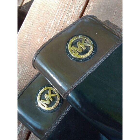 Michael Kors Boots Stockard Gloss Rubber Rain Equestrian Black & Brown Sz 8 - Picture 2 of 5